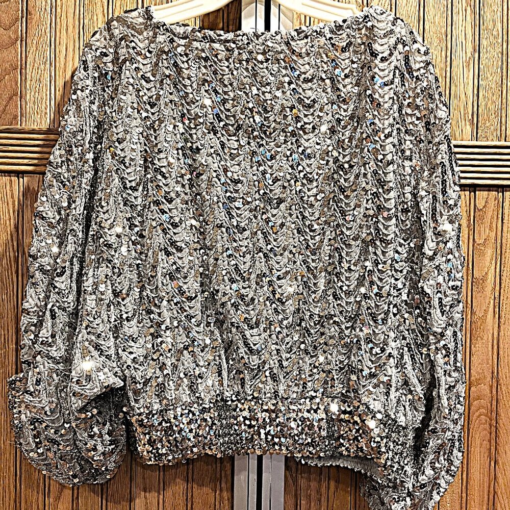 JEANETTE KASTENBERG 80'S VINTAGE ST MARTIN  SILVER SEQUINNED BALLOON SLEEVE TOP